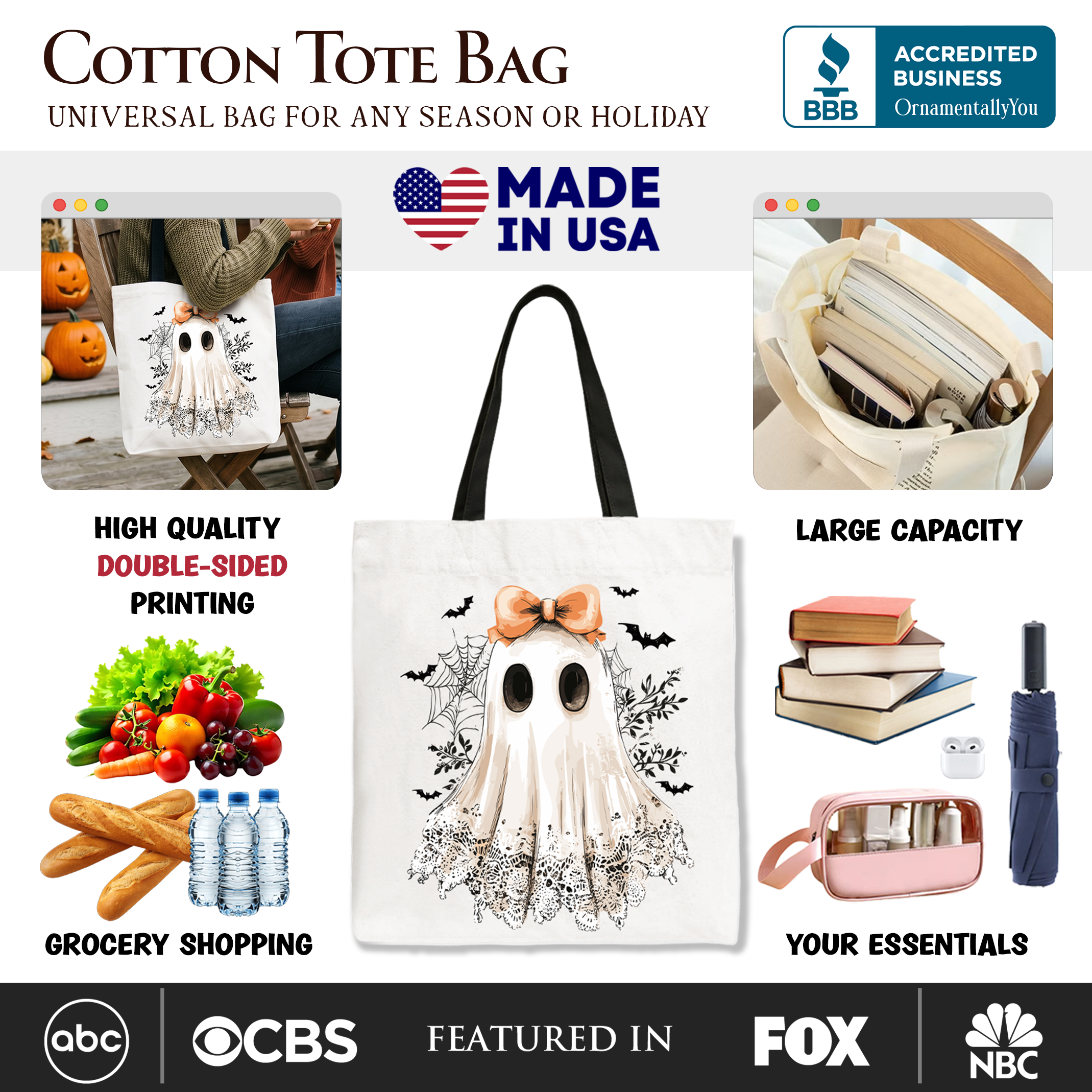 Coquette Ghost Tote Bag, Cute Halloween Gift Shopper for Girly Ghouls