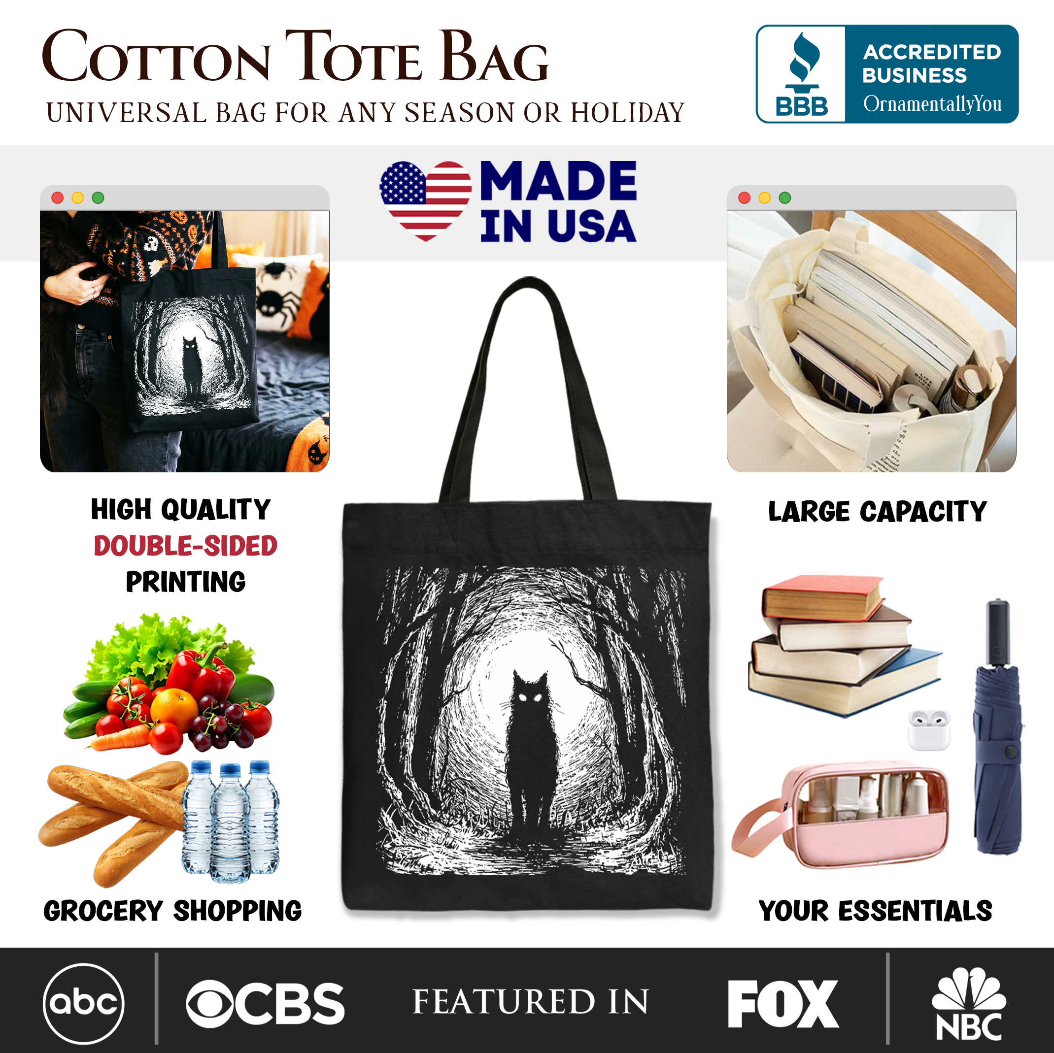 Haunted Forest Black Cat Tote Bag, Spooky Halloween Night Gift Shopper