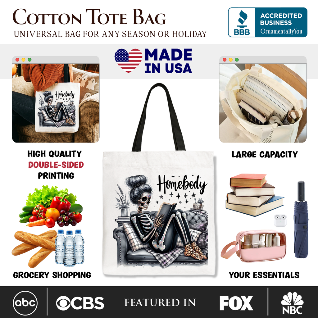 Homebody Reading Skeleton Tote Bag, Funny Lazy Selfcare Gift Shopper for Introvert Women