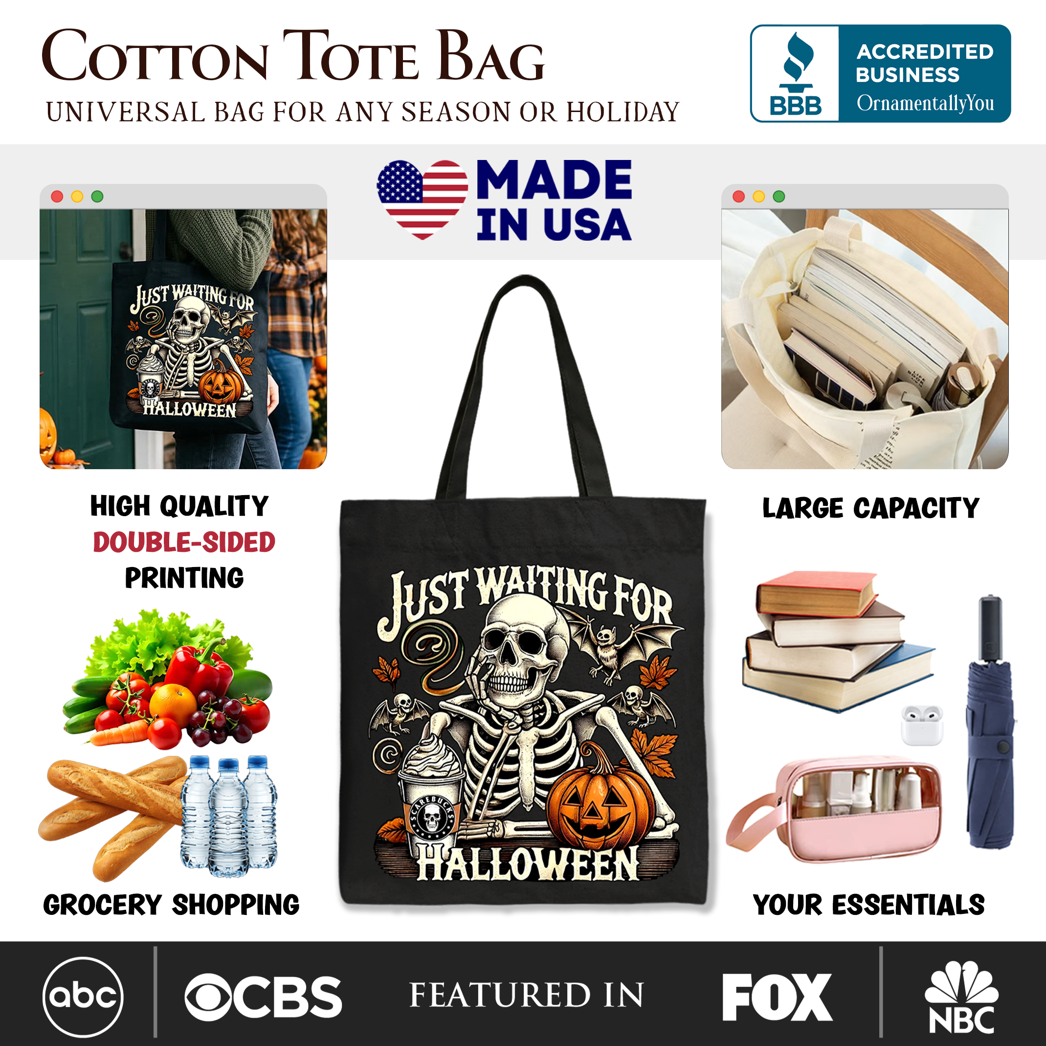 Just Waiting for Halloween Tote Bag, Spooky Skeleton Gift Shopper for Autumn Season