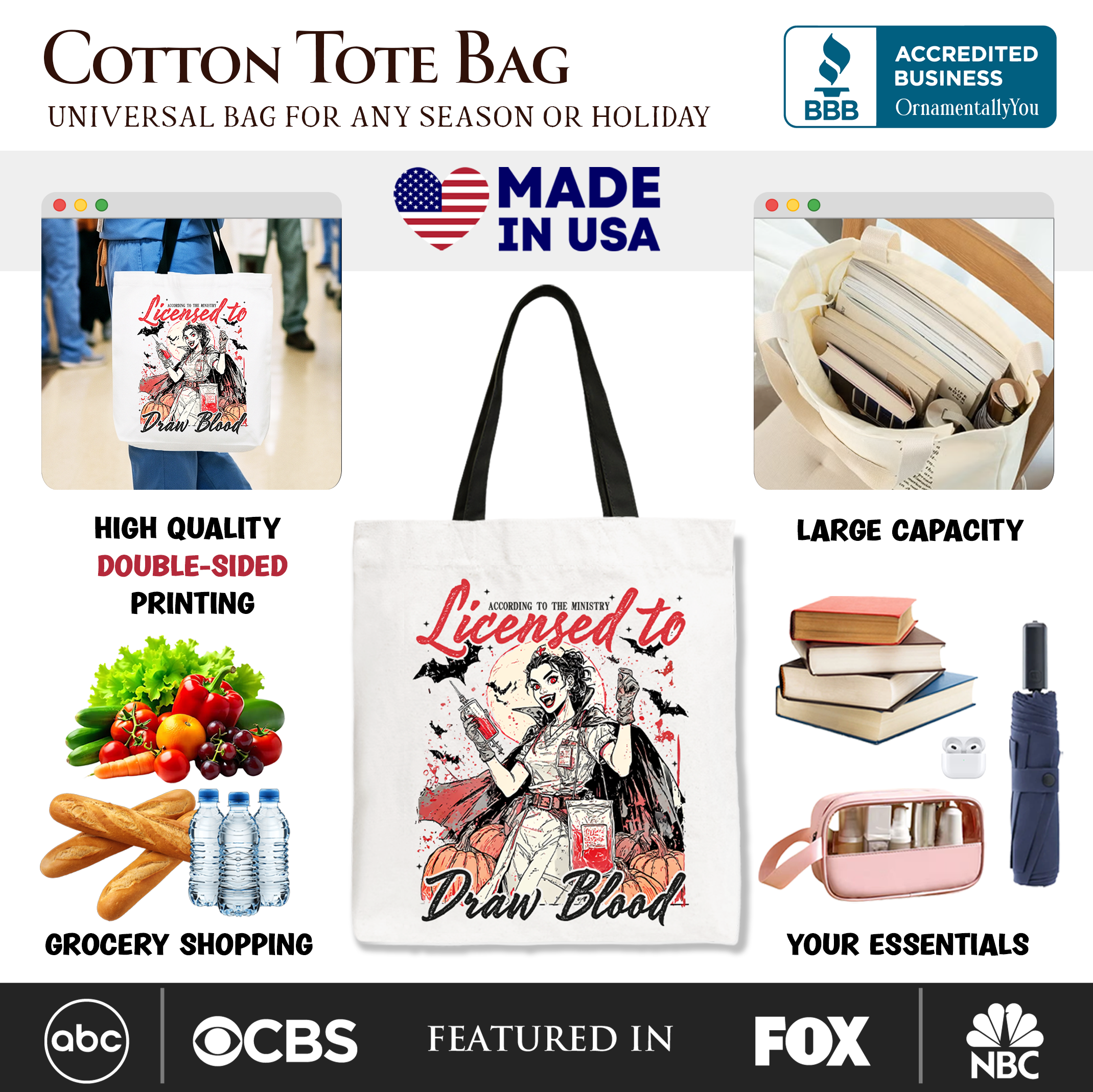 Licensed to Draw Blood Halloween Nurse Tote Bag, Groovy Gift Shopper for Spooky Season
