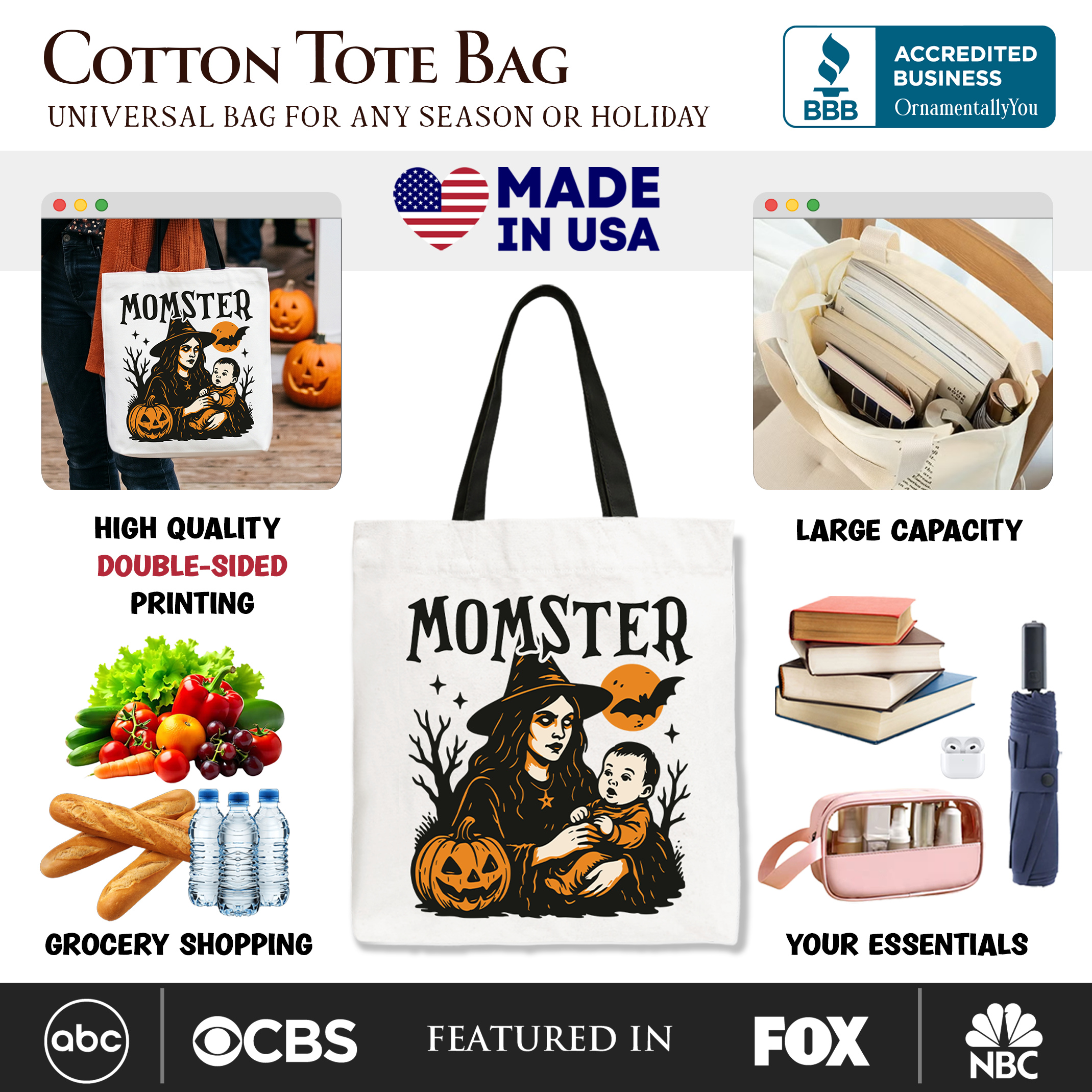 Momster Tote Bag for Spooky Season, Witchy Halloween Gift Shopper for Moms