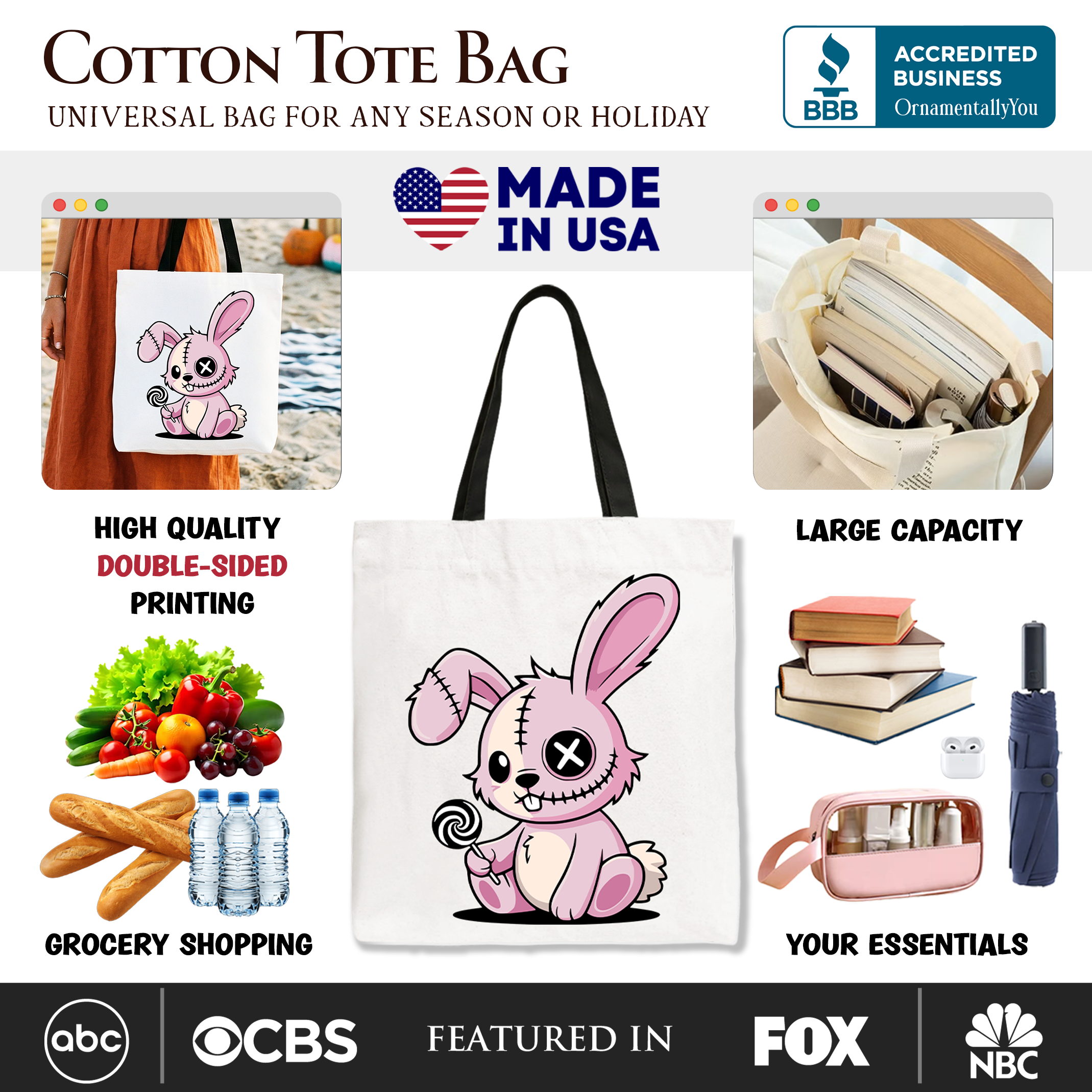 Pink Zombies Bunny Cute Tote Bag, Cute Gothic Halloween Gift Shopper