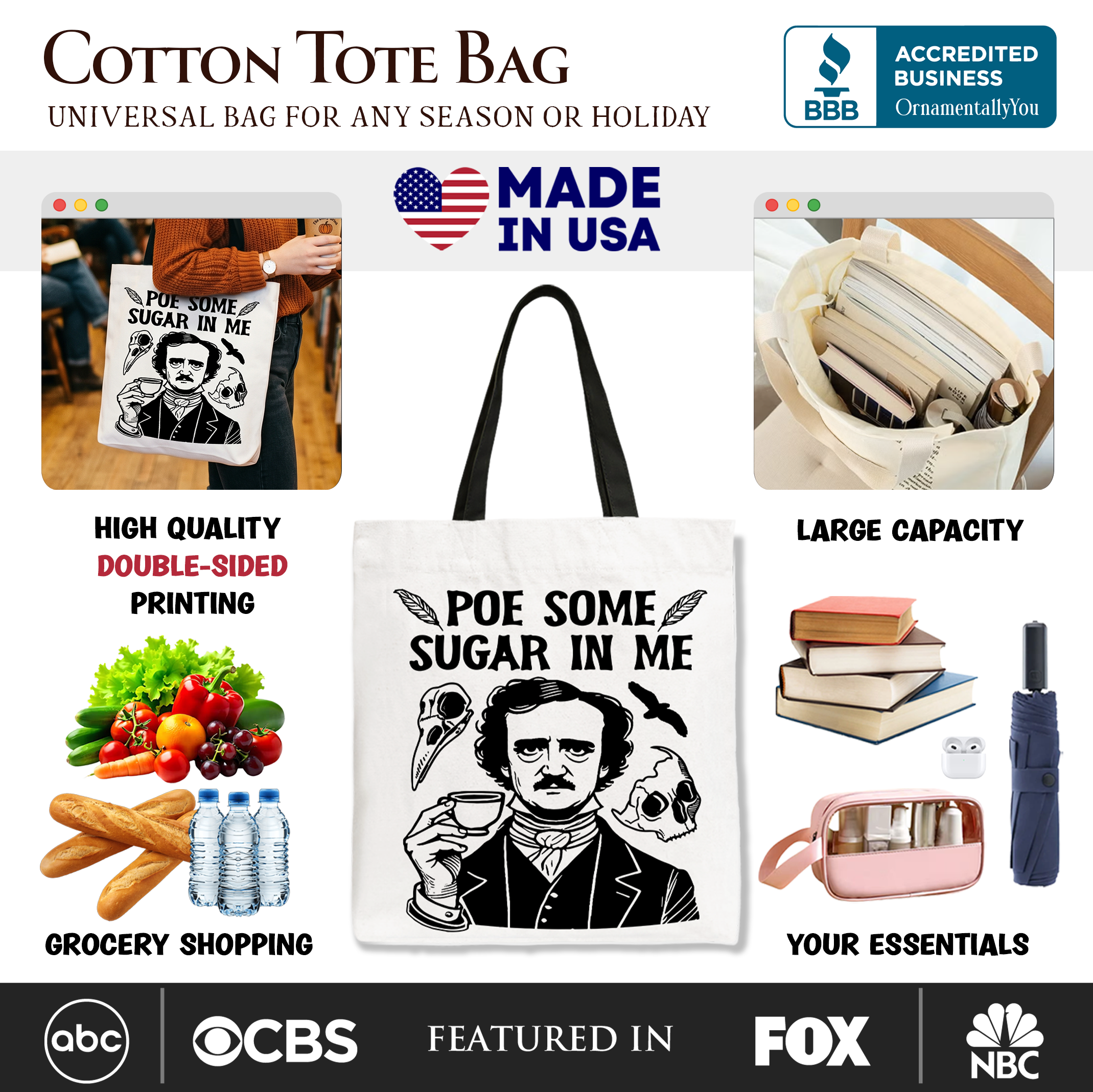 Poe Some Sugar On Me Tote Bag, Funny Edgar Allan Poe Retro Gift Shopper for Dark Academia Enthusiasts