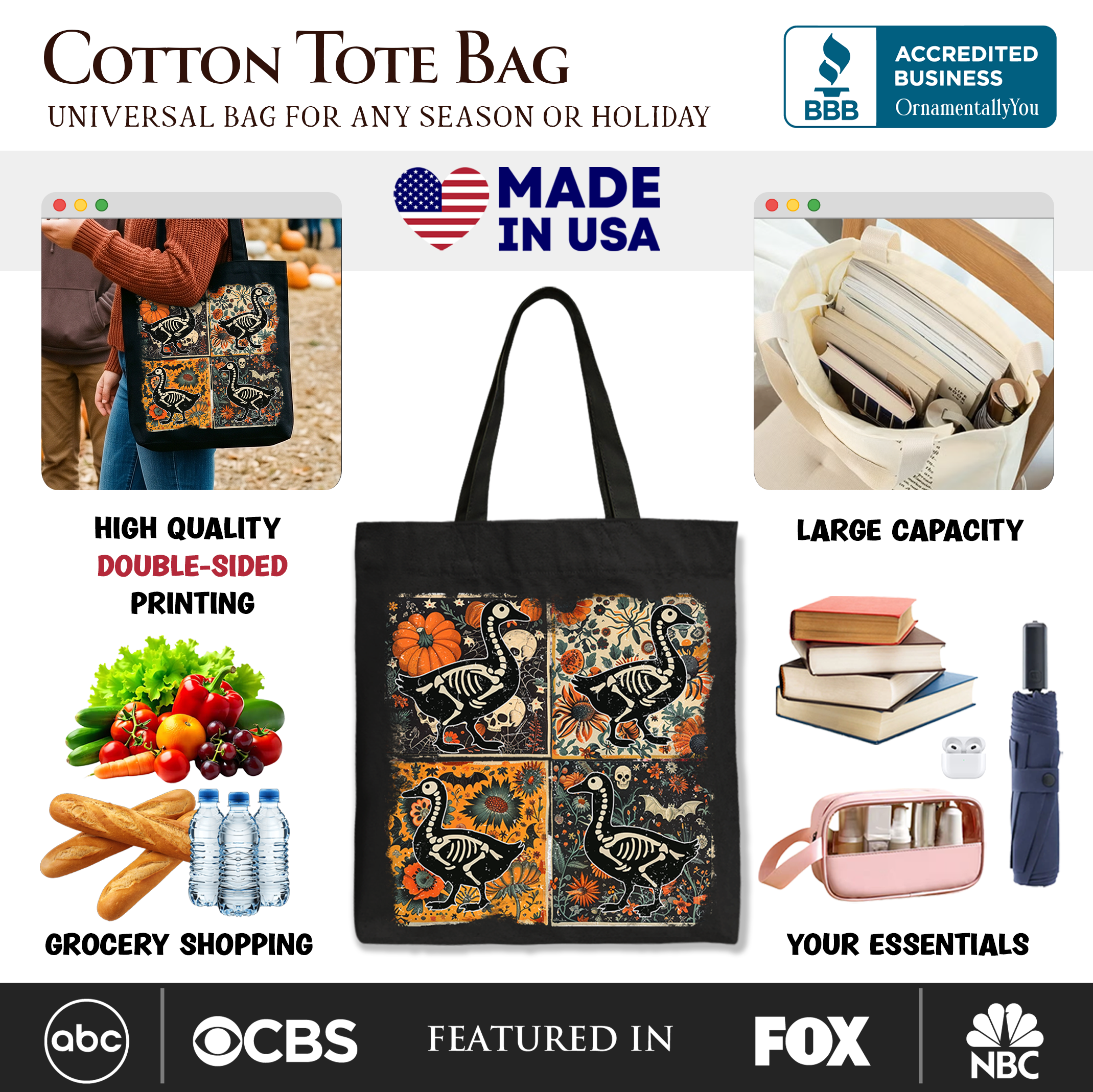 Skeleton Goose Patchwork Tote Bag, Floral Halloween Gift Shopper for The Spooky Season
