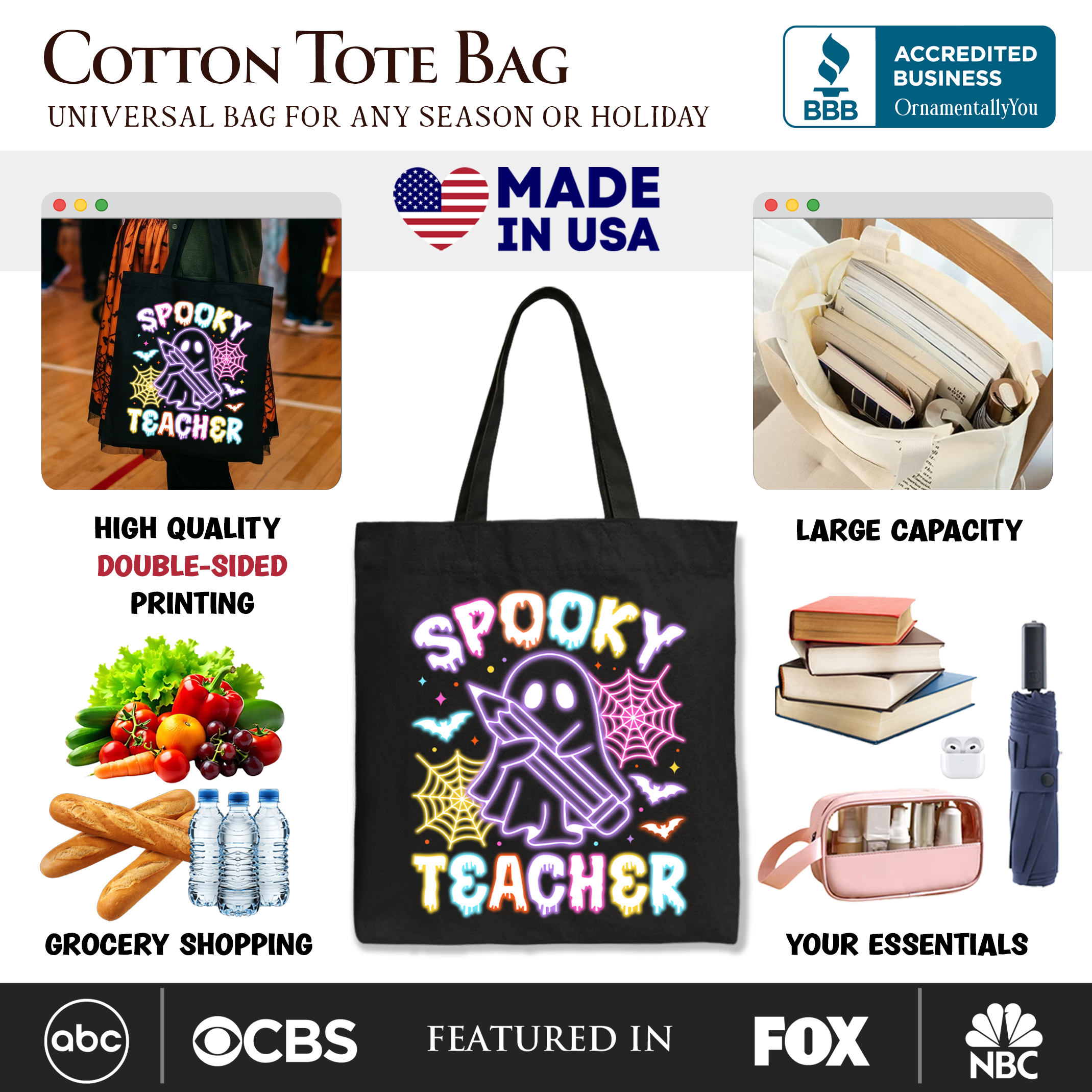 Spooky Teacher Neon Ghost Tote Bag, Retro Halloween Gift Shopper for Educators
