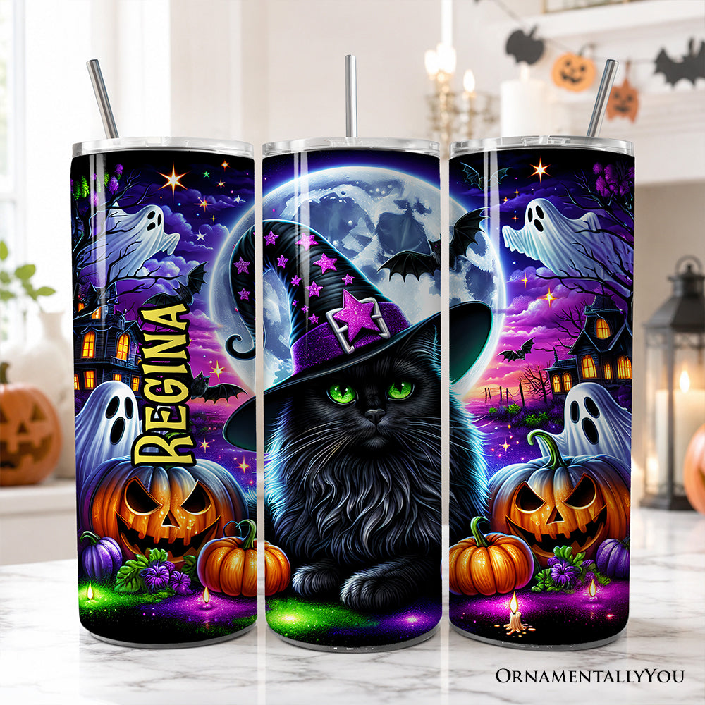 Black Cat Witch 20oz Personalized Tumbler With Lid and Stainless Steel Straw, Spooky Halloween Gift Cup