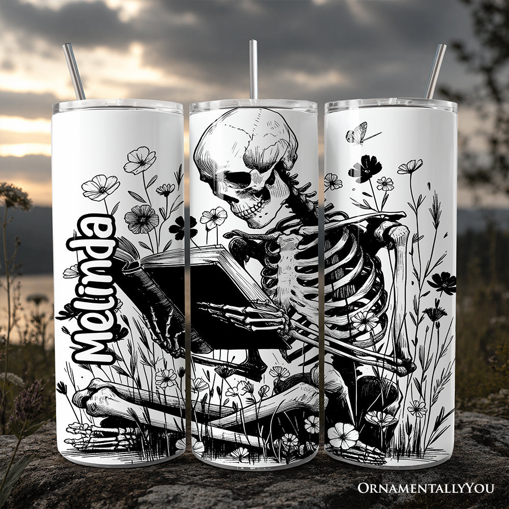Gothic Reading Skeleton 20oz Personalized Tumbler With Lid and Stainless Steel Straw, Floral Spooky Bookworms Gift Cup