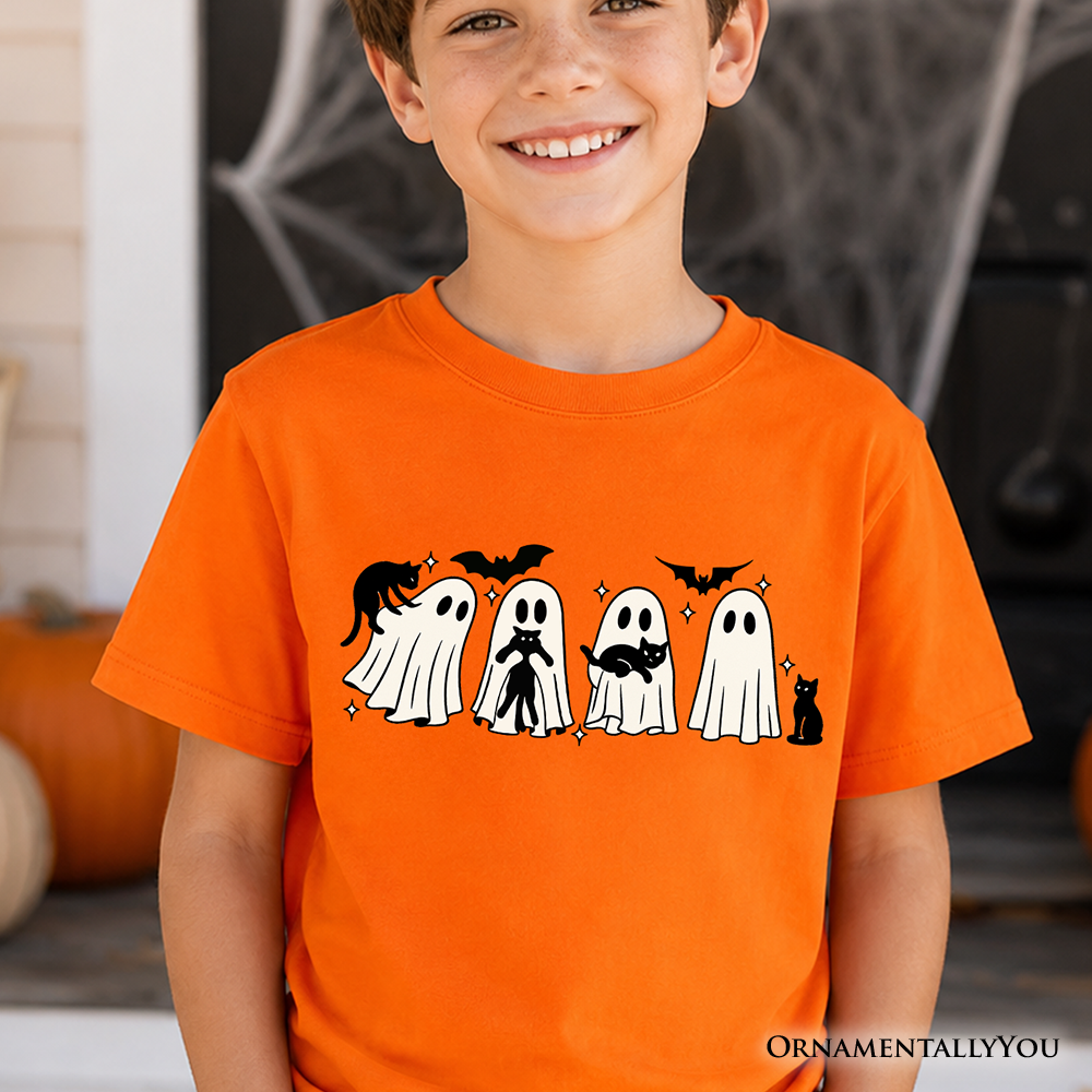 Kids Ghosts and Cats Spooky T-Shirt, Whimsical Halloween Tee for Youth