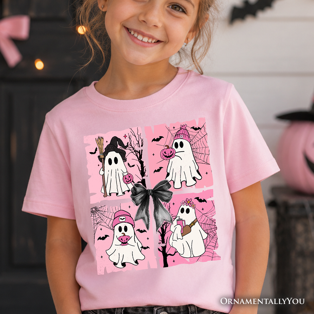 Kids Pink Halloween Ghost T-Shirt, Coquette Spooky Season Tee for Youth