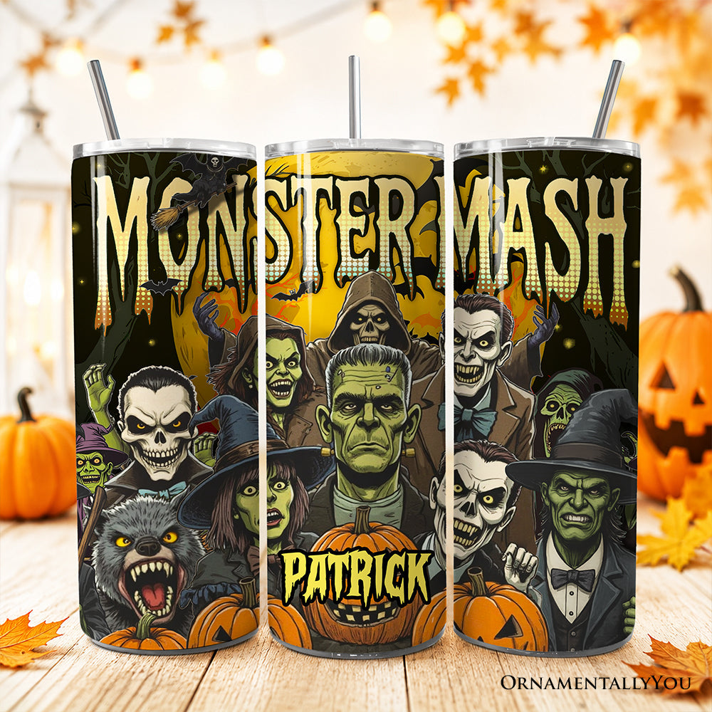 Monster Mash Horror 20oz Personalized Tumbler With Lid and Stainless Steel Straw, Retro Halloween Gift Cup