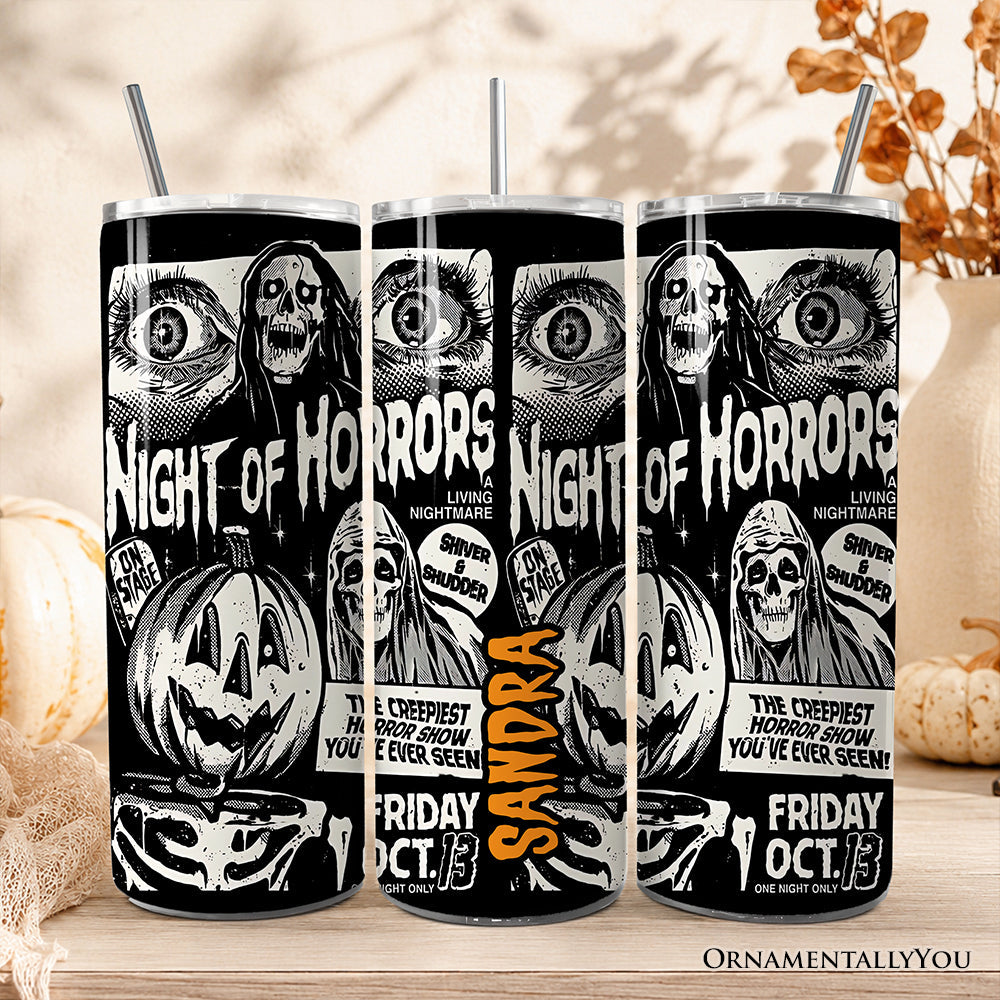 Night of Horrors Retro Halloween 20oz Personalized Tumbler With Lid and Stainless Steel Straw, Vintage Spooky Poster Gift Cup