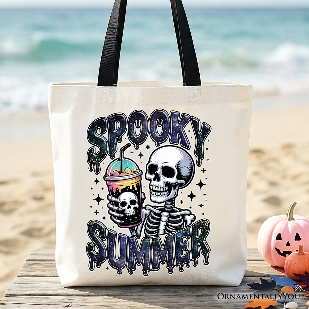 Spooky Summer Skeleton Tote Bag, Snarky Halloween Gift Shopper for Coffee and Horror Fanatics