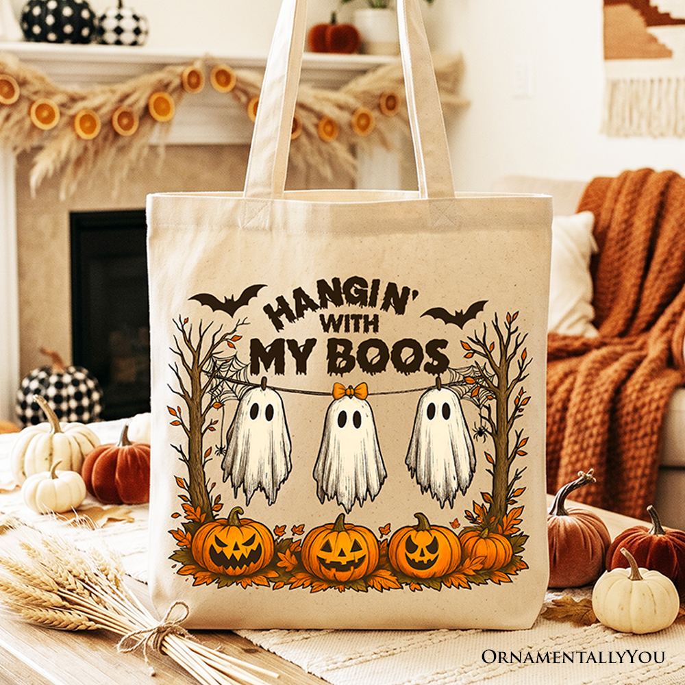 Boho Spooky Season Ghost Tote Bag, Cute Halloween Gift Shopper with Fall Pumpkins