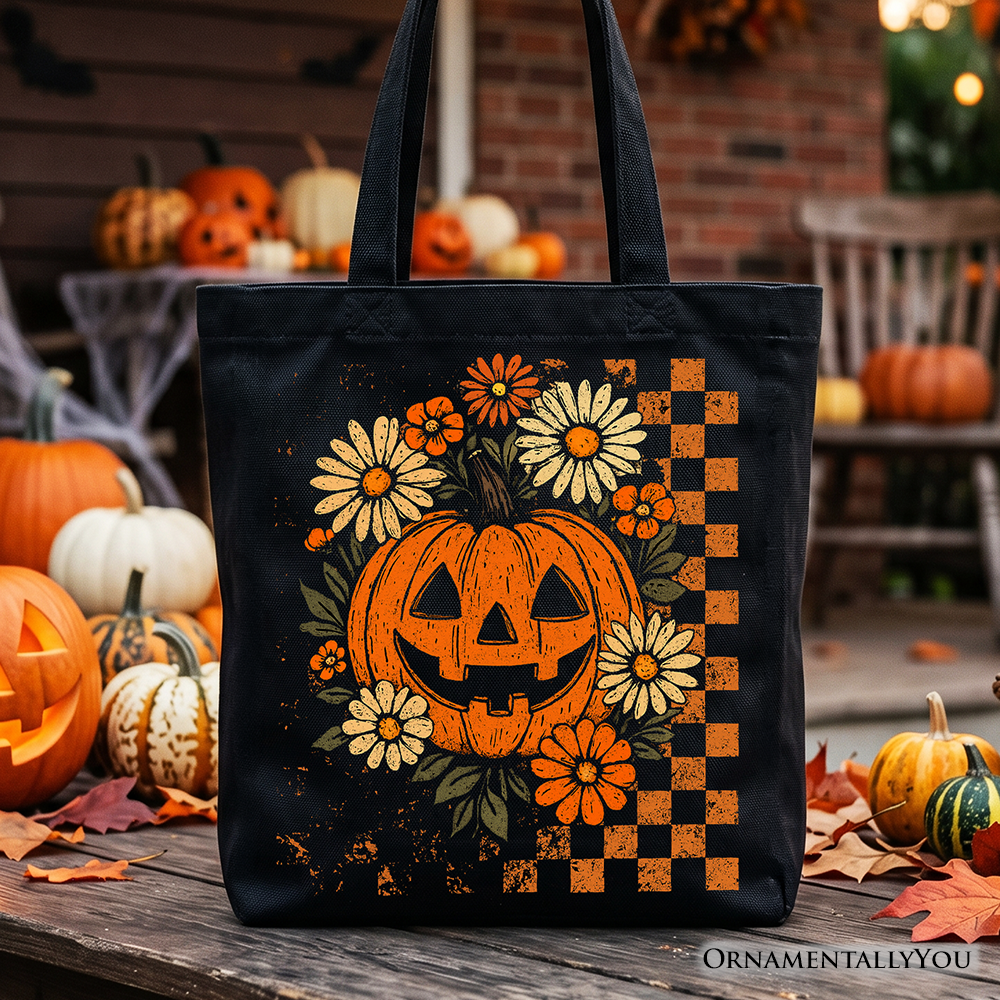 Checkered Floral Pumpkin Tote Bag, Retro Preppy Halloween Gift Shopper for Spooky Season Vibes