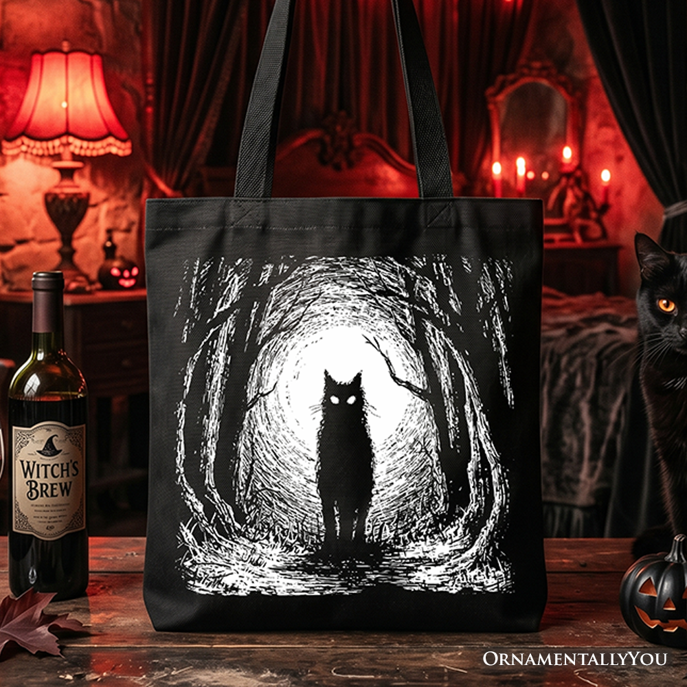 Haunted Forest Black Cat Tote Bag, Spooky Halloween Night Gift Shopper