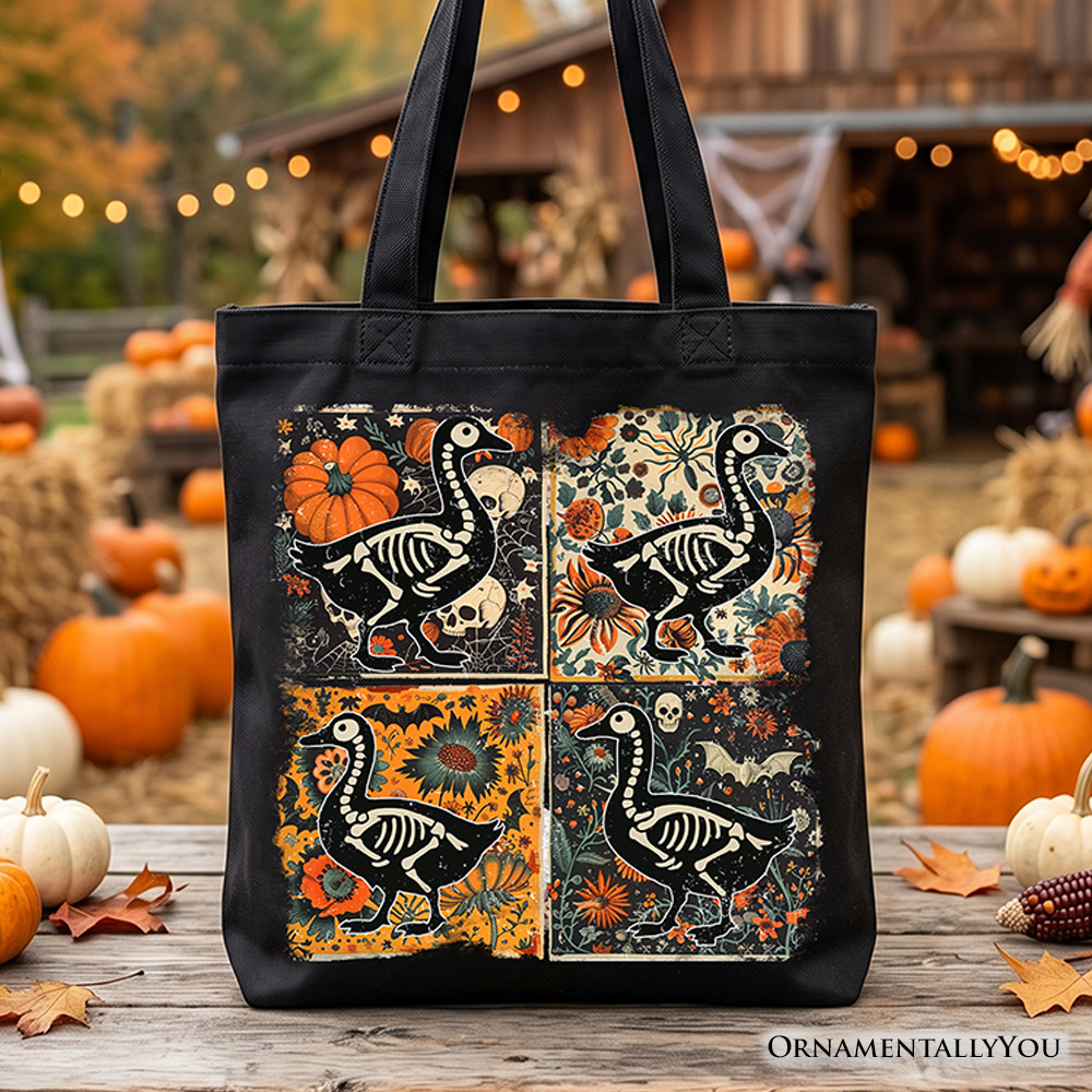 Skeleton Goose Patchwork Tote Bag, Floral Halloween Gift Shopper for The Spooky Season