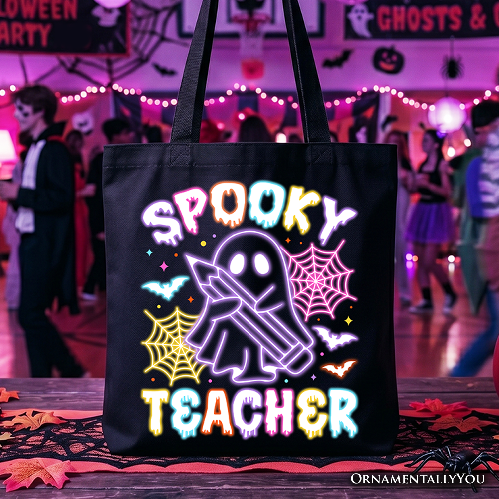 Spooky Teacher Neon Ghost Tote Bag, Retro Halloween Gift Shopper for Educators