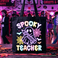 Spooky Teacher Neon Ghost Tote Bag, Retro Halloween Gift Shopper for Educators