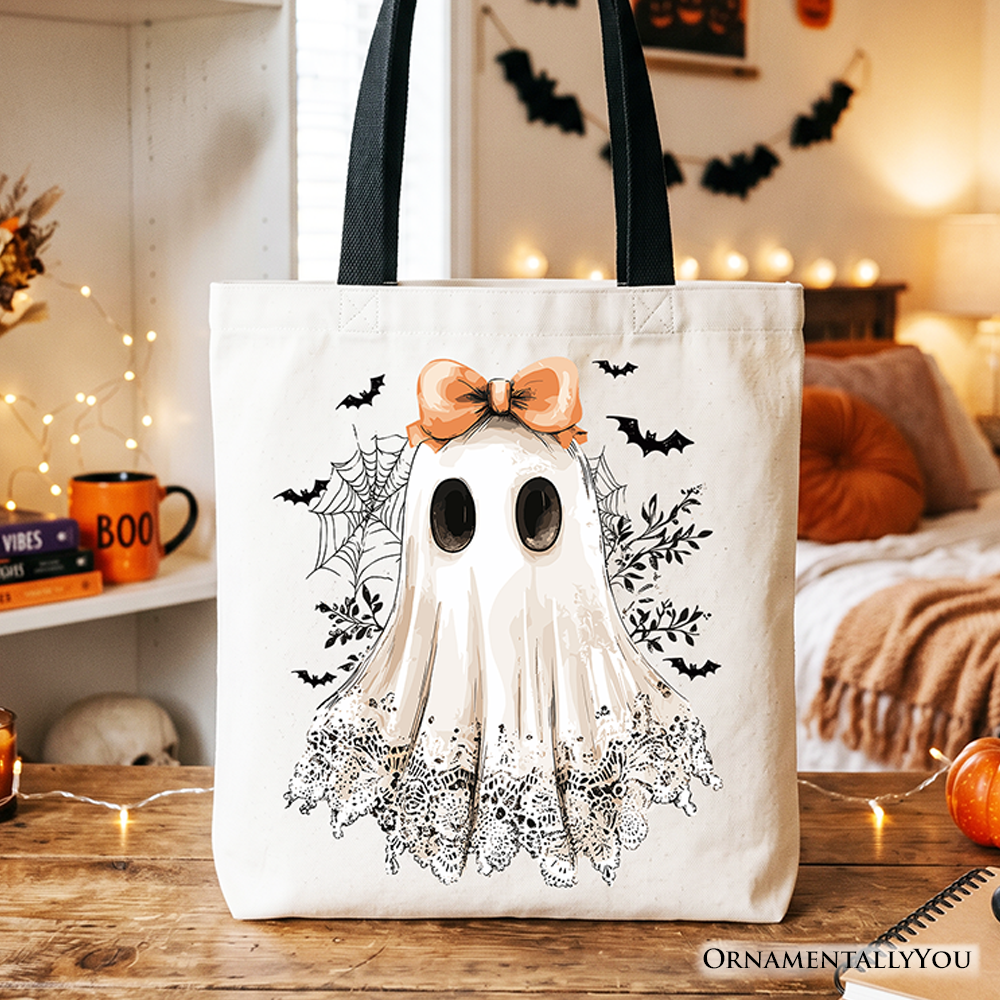 Coquette Ghost Tote Bag, Cute Halloween Gift Shopper for Girly Ghouls