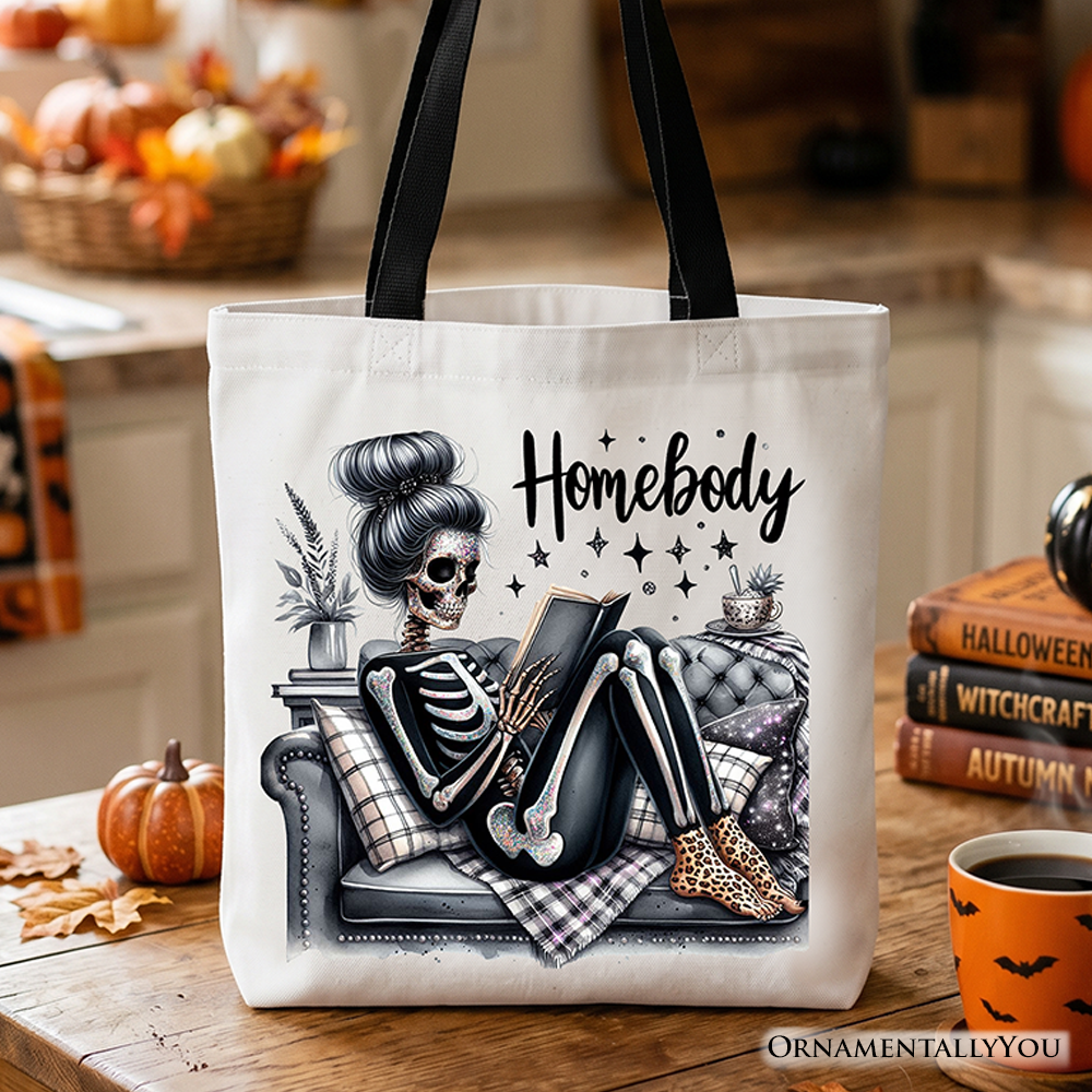 Homebody Reading Skeleton Tote Bag, Funny Lazy Selfcare Gift Shopper for Introvert Women