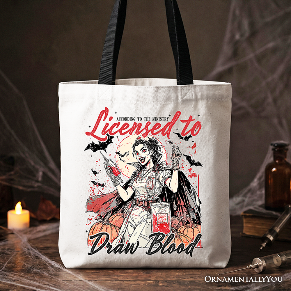 Licensed to Draw Blood Halloween Nurse Tote Bag, Groovy Gift Shopper for Spooky Season