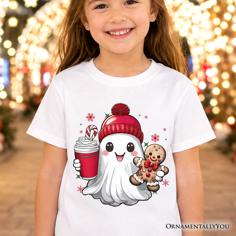 Kids Cute Ghost Christmas T-Shirt, Adorable Gingerbread and Cocoa Holiday Youth Tee