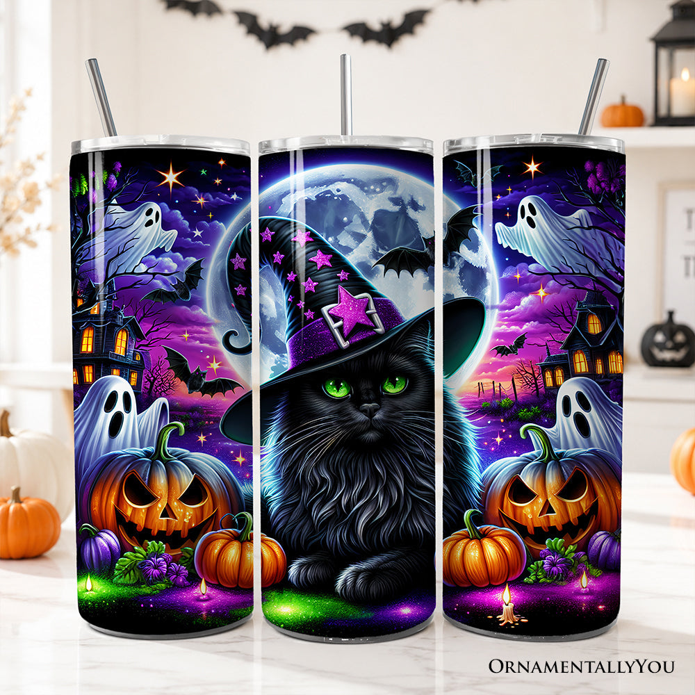 Black Cat Witch 20oz Personalized Tumbler With Lid and Stainless Steel Straw, Spooky Halloween Gift Cup