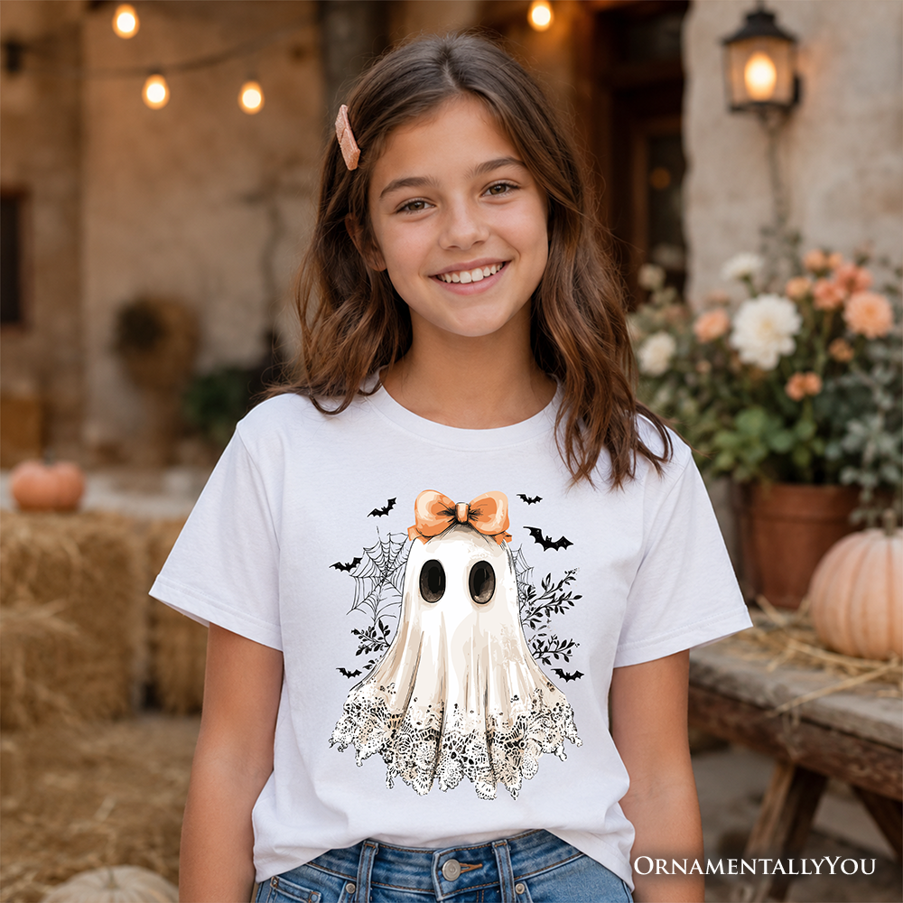 Kids Coquette Ghost T-Shirt, Cute Halloween Tee for Youth Girls