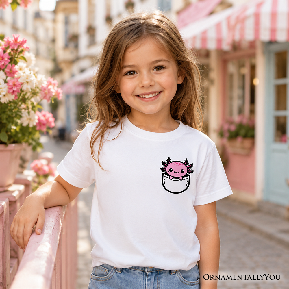 Kids Cute Pocket Pink Axolotl T-Shirt, Salamander Animal Tee for Youth