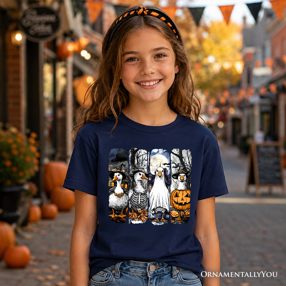 Kids Halloween Goose in Costume T-Shirt, Spooky Fall Geese Tee for Youth