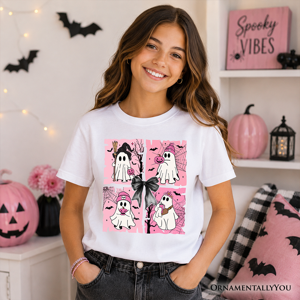 Kids Pink Halloween Ghost T-Shirt, Coquette Spooky Season Tee for Youth