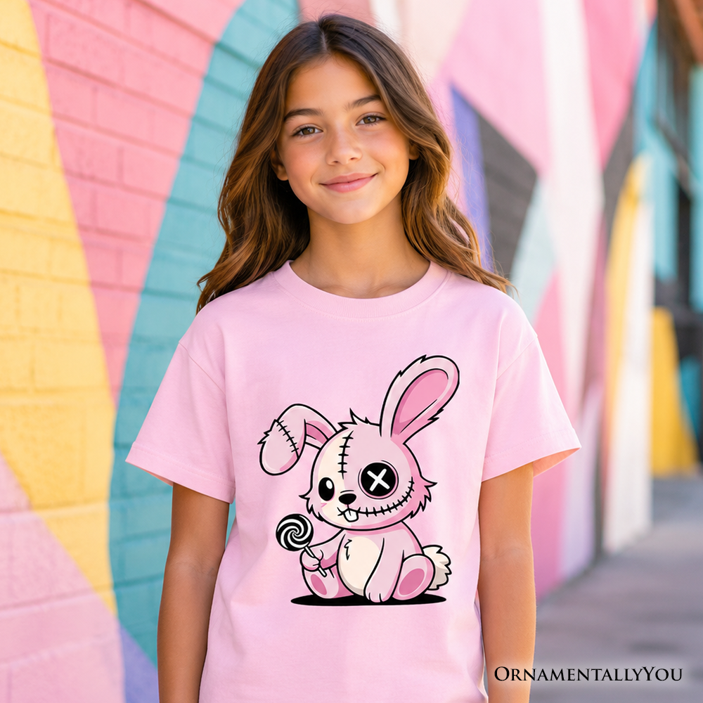 Kids Pink Zombies Bunny Cute T-Shirt, Cute Gothic Youth Halloween Tee