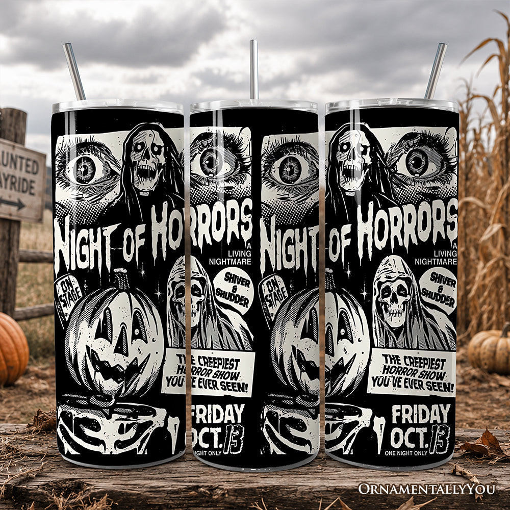 Night of Horrors Retro Halloween 20oz Personalized Tumbler With Lid and Stainless Steel Straw, Vintage Spooky Poster Gift Cup