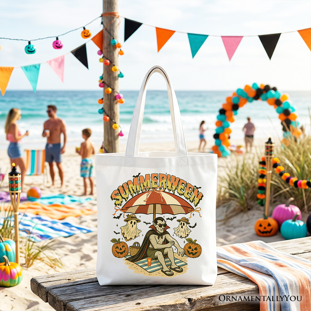 Summerween Vampire Dracula Tote Bag, Retro Halloween Beach Gift Shopper for Horror Spooky Summer Season
