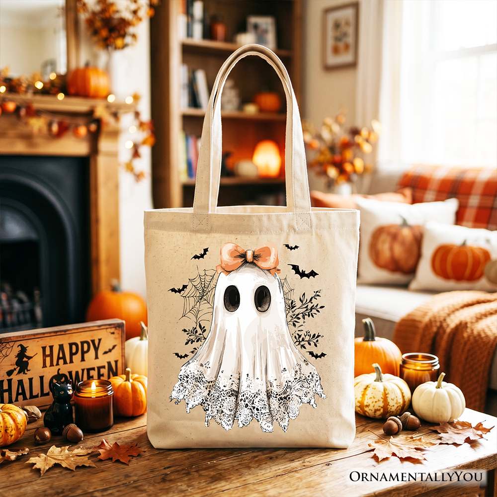 Coquette Ghost Tote Bag, Cute Halloween Gift Shopper for Girly Ghouls