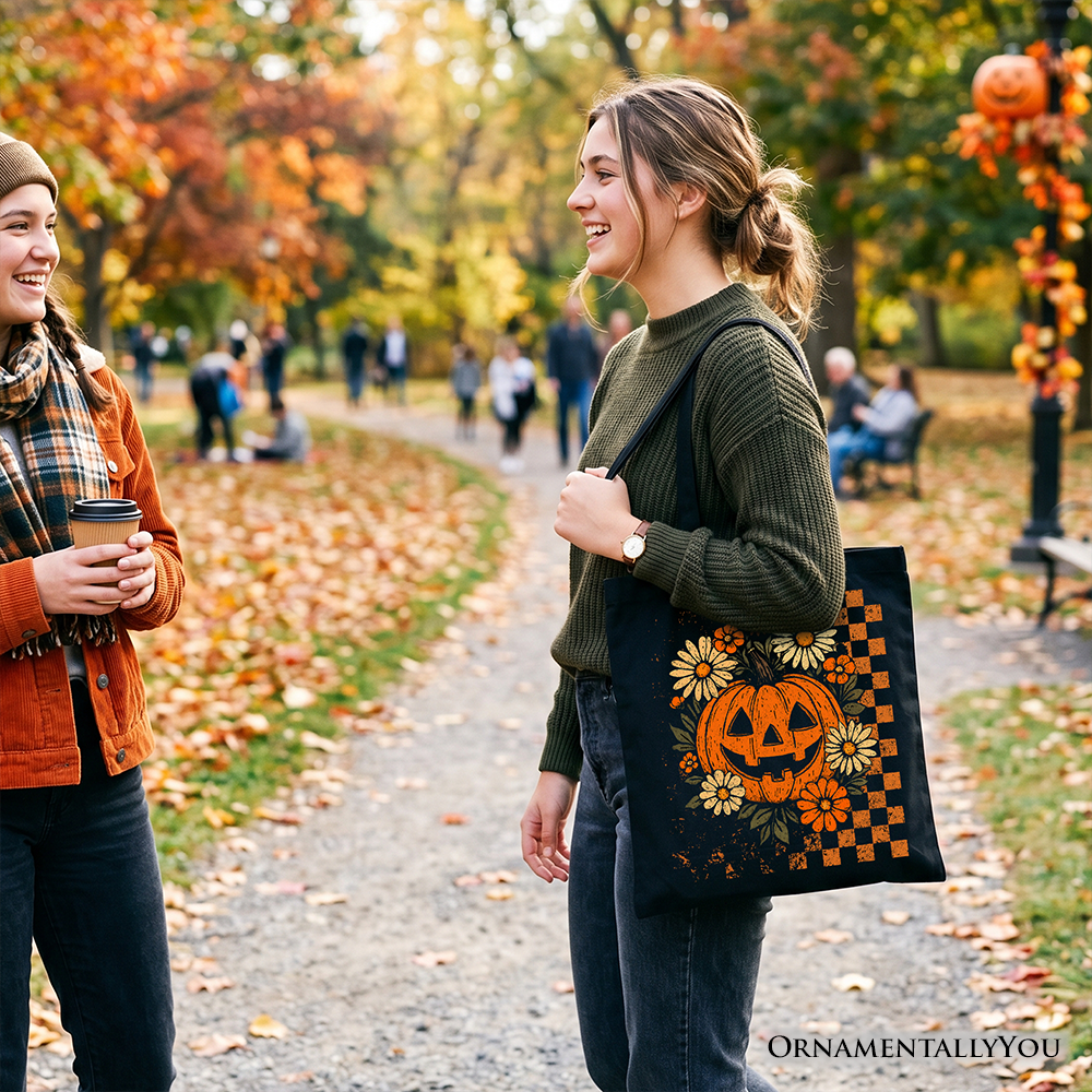 Checkered Floral Pumpkin Tote Bag, Retro Preppy Halloween Gift Shopper for Spooky Season Vibes