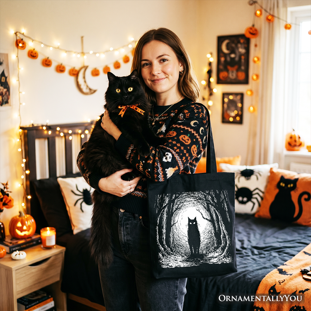Haunted Forest Black Cat Tote Bag, Spooky Halloween Night Gift Shopper