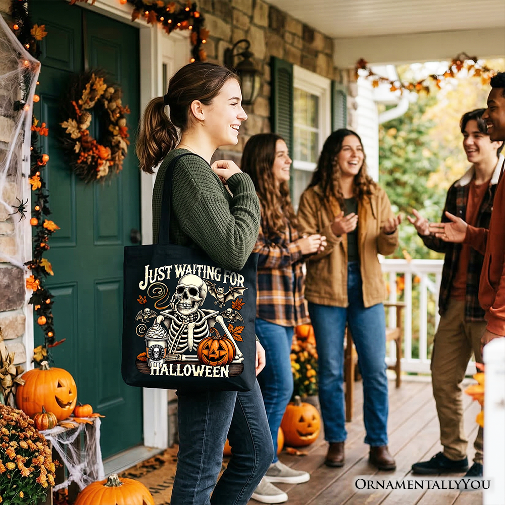 Just Waiting for Halloween Tote Bag, Spooky Skeleton Gift Shopper for Autumn Season