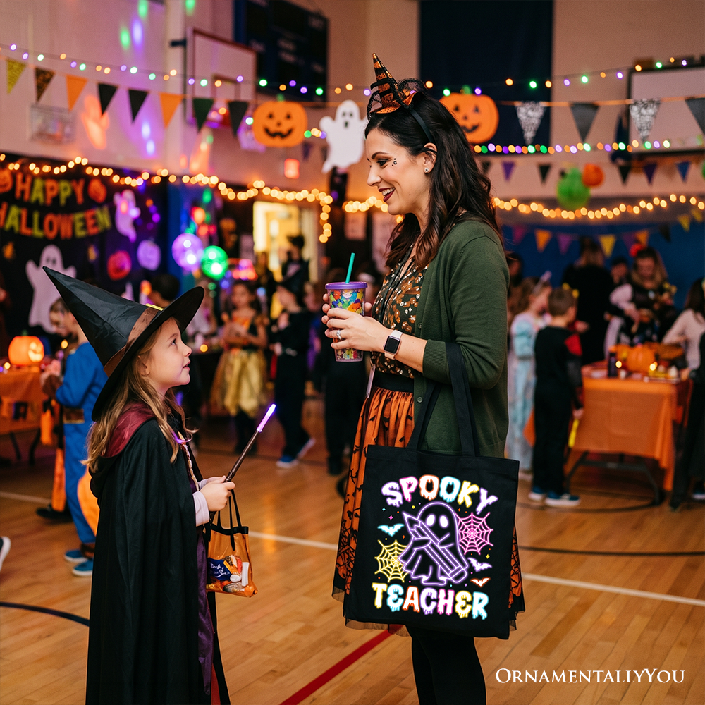 Spooky Teacher Neon Ghost Tote Bag, Retro Halloween Gift Shopper for Educators