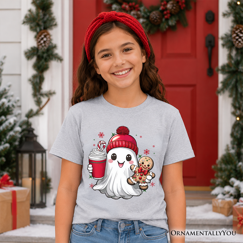 Kids Cute Ghost Christmas T-Shirt, Adorable Gingerbread and Cocoa Holiday Youth Tee