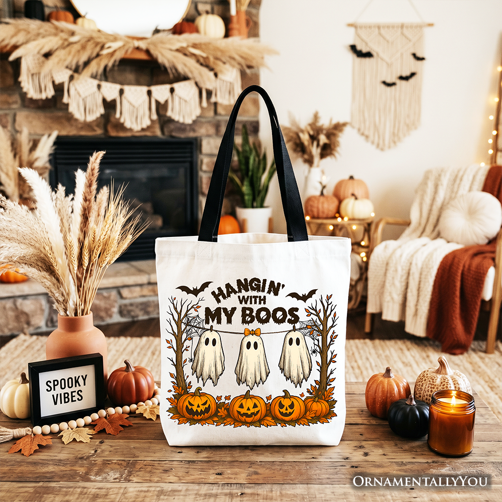 Boho Spooky Season Ghost Tote Bag, Cute Halloween Gift Shopper with Fall Pumpkins