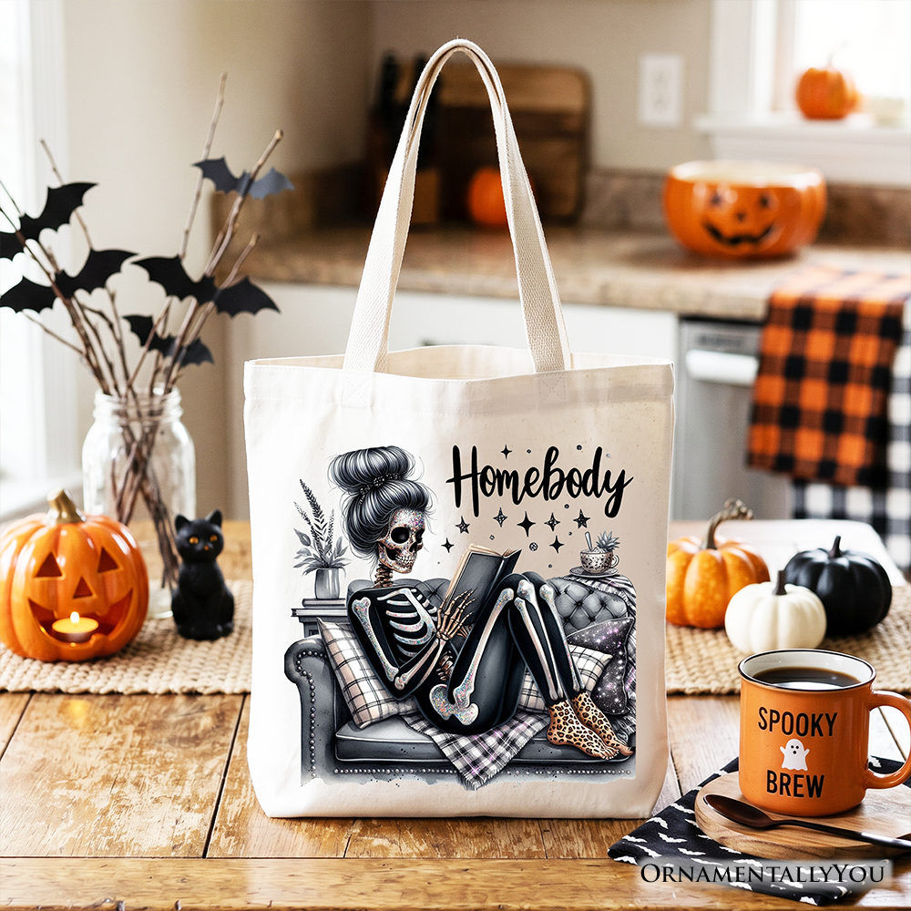 Homebody Reading Skeleton Tote Bag, Funny Lazy Selfcare Gift Shopper for Introvert Women