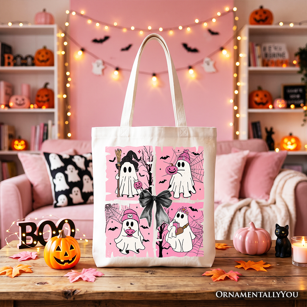 Pink Halloween Ghost Tote Bag, Coquette Spooky Season Gift for Girly Aesthetic