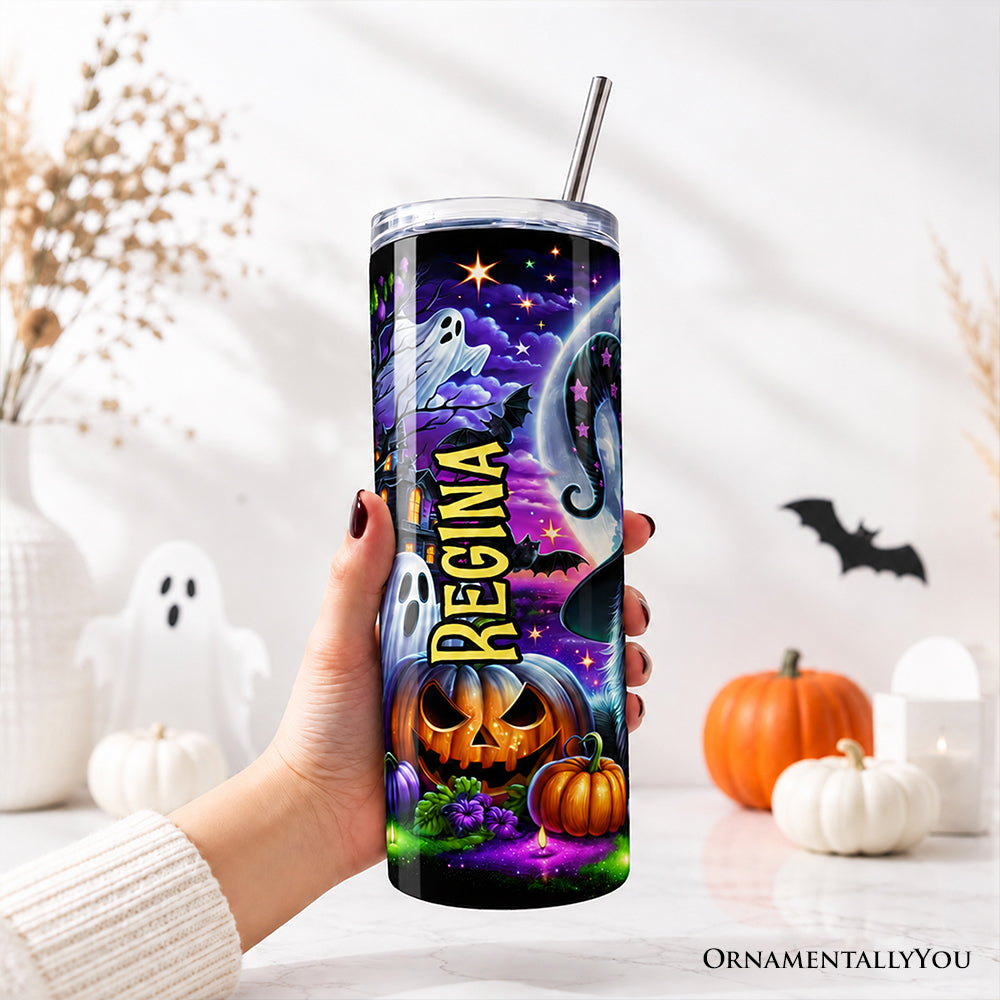 Black Cat Witch 20oz Personalized Tumbler With Lid and Stainless Steel Straw, Spooky Halloween Gift Cup