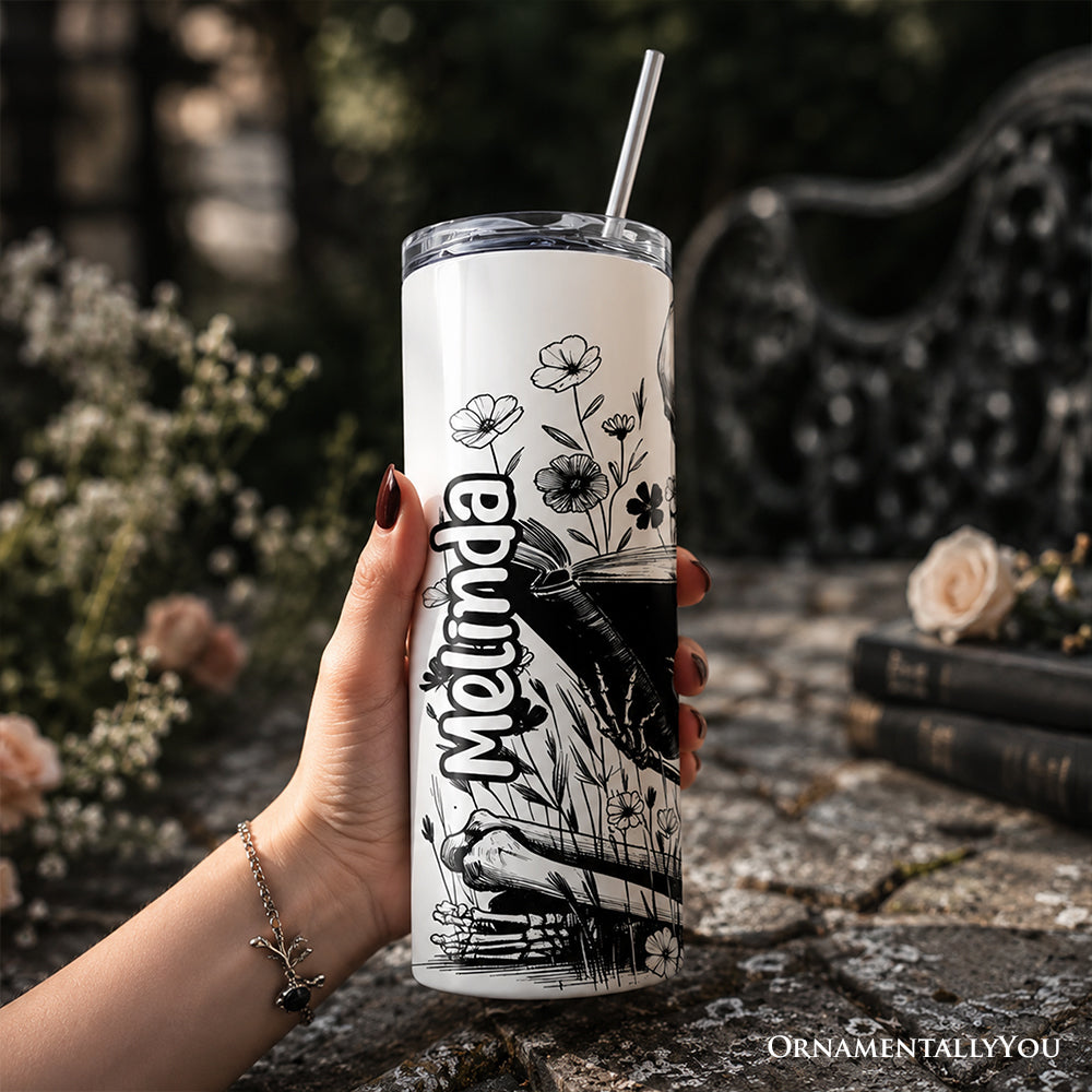 Gothic Reading Skeleton 20oz Personalized Tumbler With Lid and Stainless Steel Straw, Floral Spooky Bookworms Gift Cup