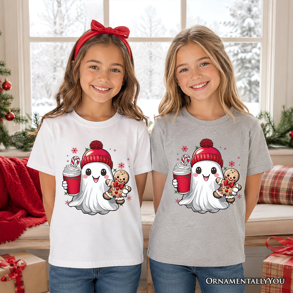 Kids Cute Ghost Christmas T-Shirt, Adorable Gingerbread and Cocoa Holiday Youth Tee
