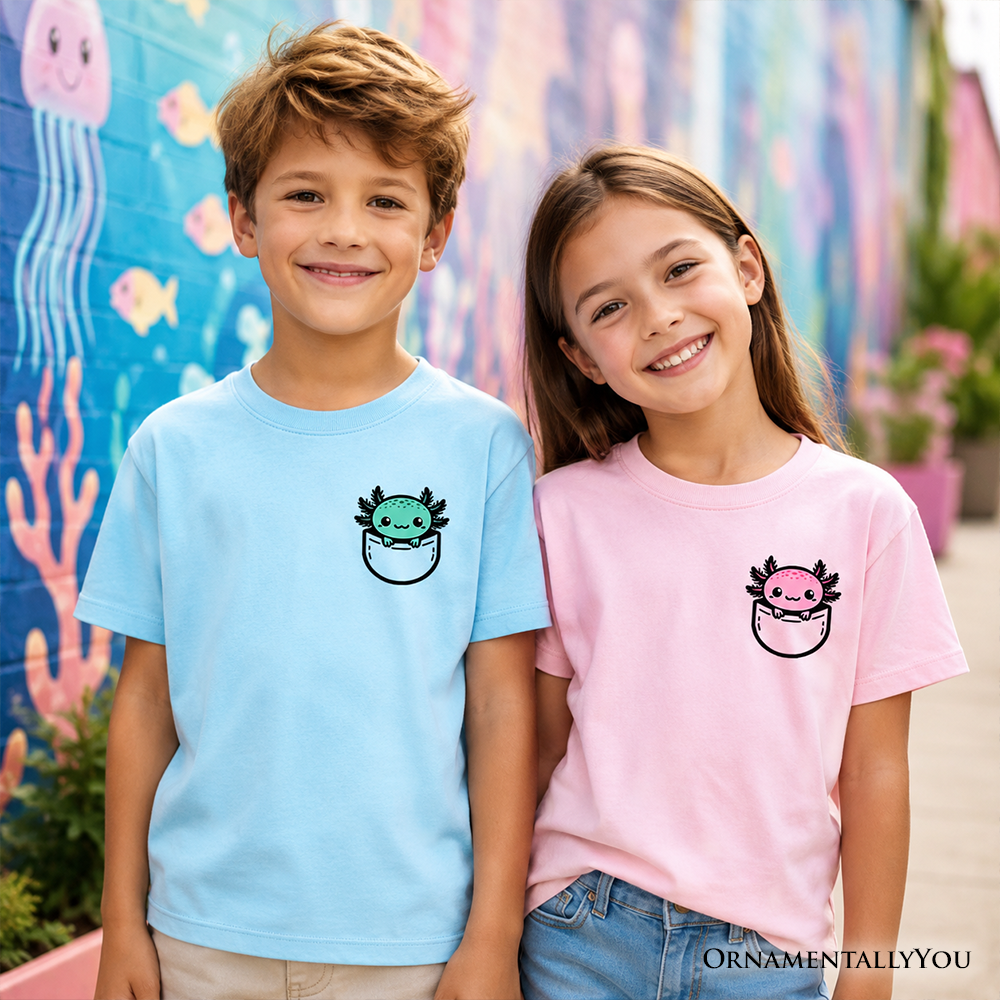 Kids Cute Pocket Pink Axolotl T-Shirt, Salamander Animal Tee for Youth