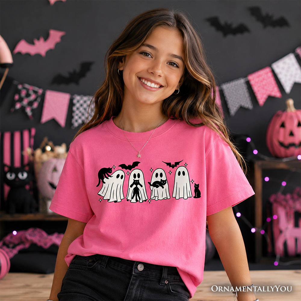 Kids Ghosts and Cats Spooky T-Shirt, Whimsical Halloween Tee for Youth