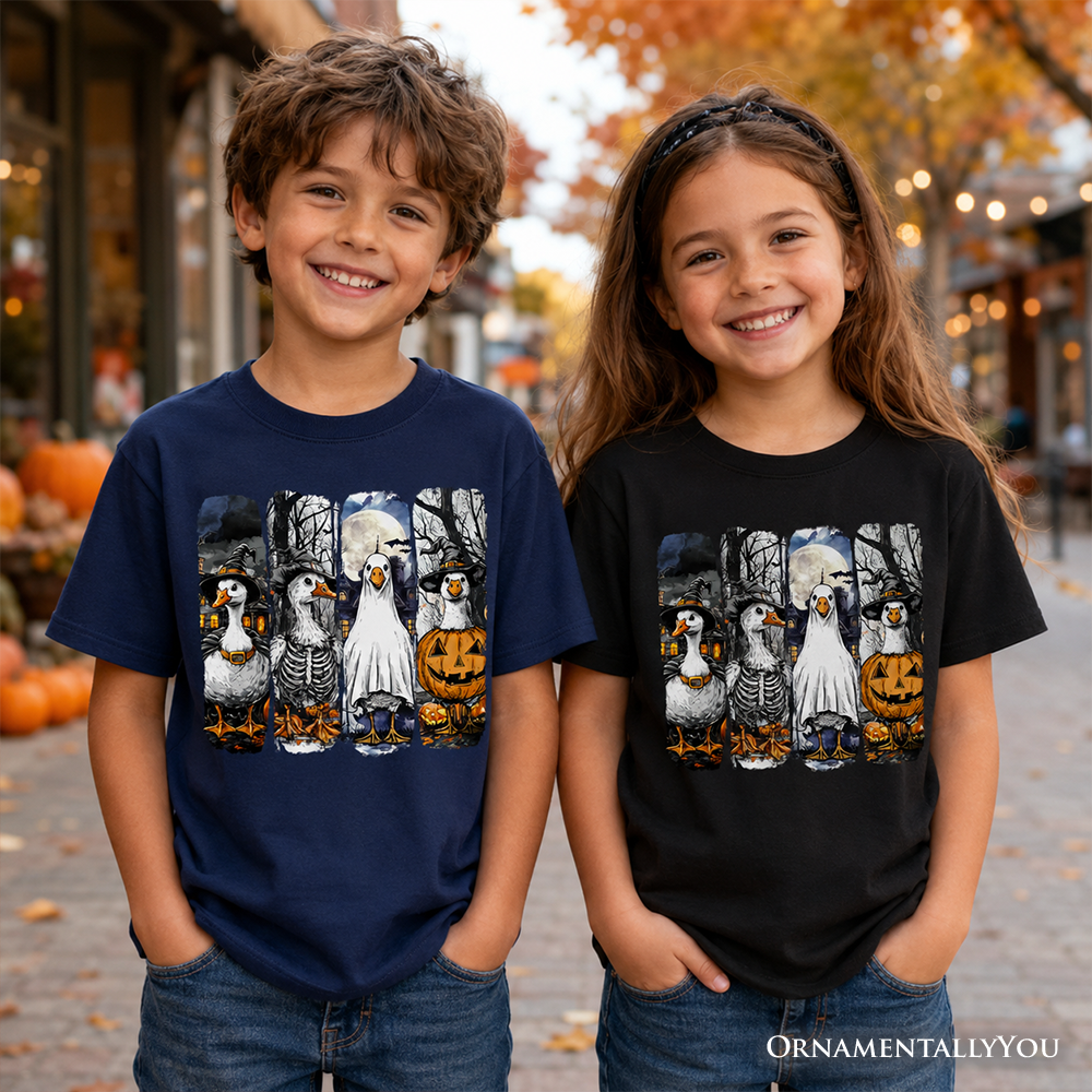 Kids Halloween Goose in Costume T-Shirt, Spooky Fall Geese Tee for Youth